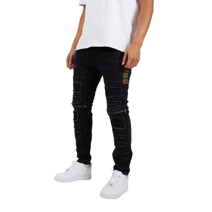 Charcoal Wash - Front - Brave Soul Mens Biker Stitched Skinny Jeans