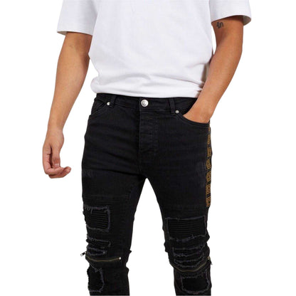 Charcoal Wash - Side - Brave Soul Mens Biker Stitched Skinny Jeans