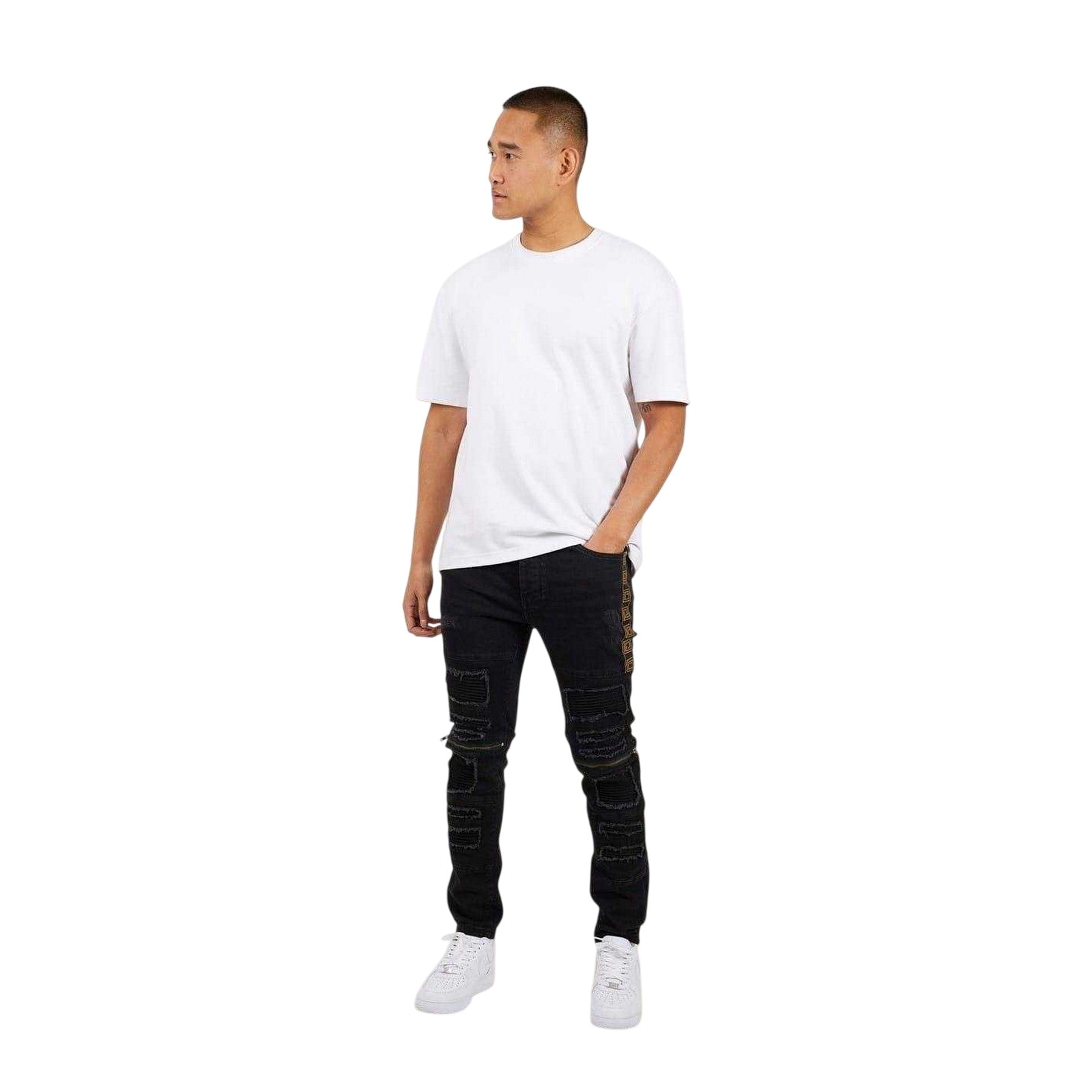 Charcoal Wash - Lifestyle - Brave Soul Mens Biker Stitched Skinny Jeans