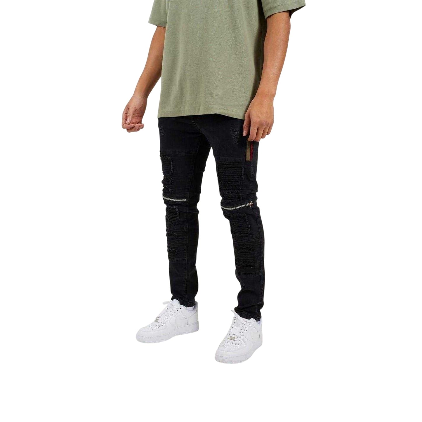 Black - Front - Brave Soul Mens Biker Stitched Skinny Jeans