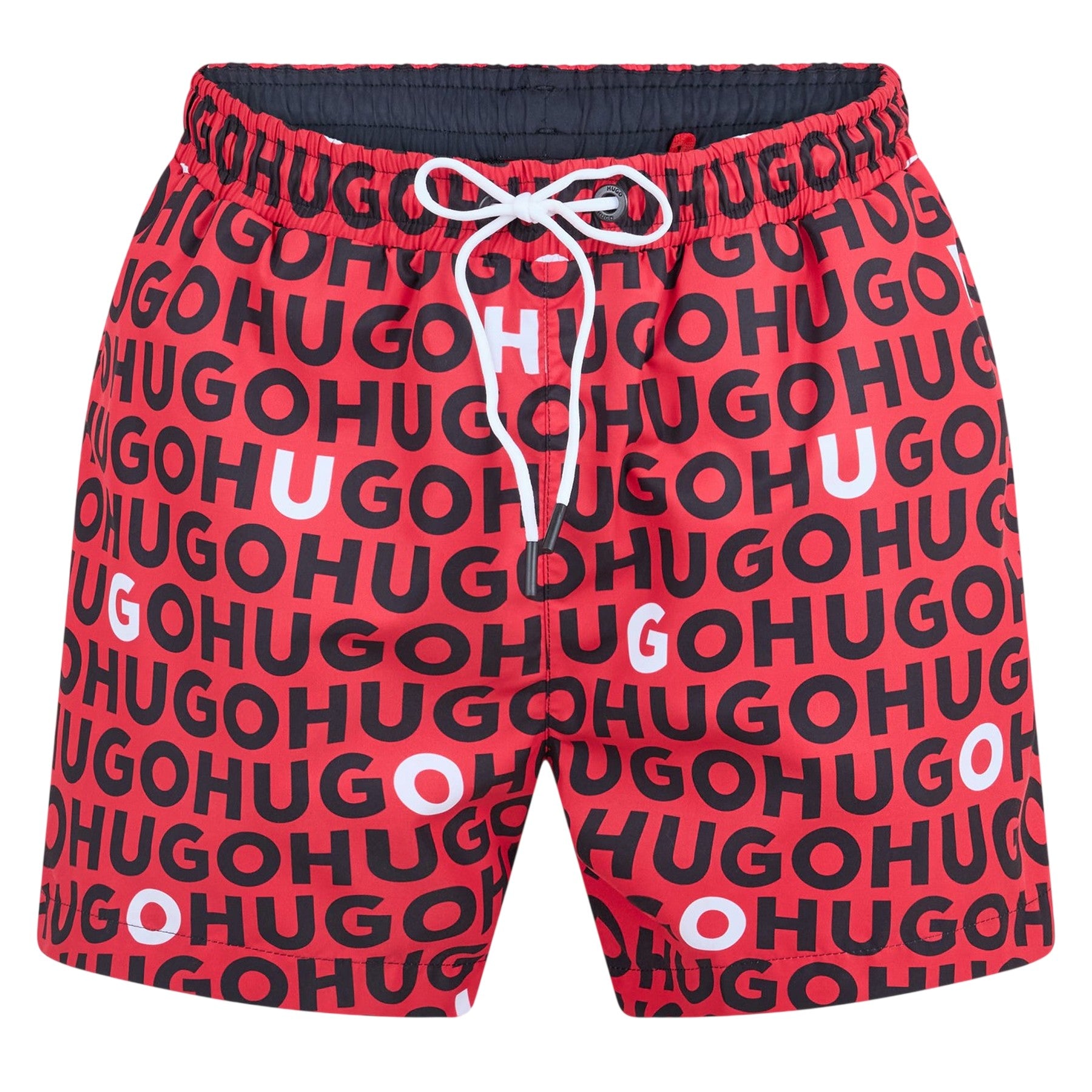 Red - Front - Hugo Mens Logo All-Over Print Regular Swim Shorts