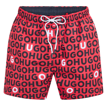 Red - Front - Hugo Mens Logo All-Over Print Regular Swim Shorts