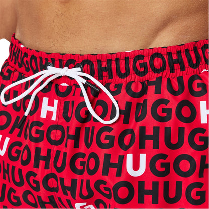 Red - Side - Hugo Mens Logo All-Over Print Regular Swim Shorts