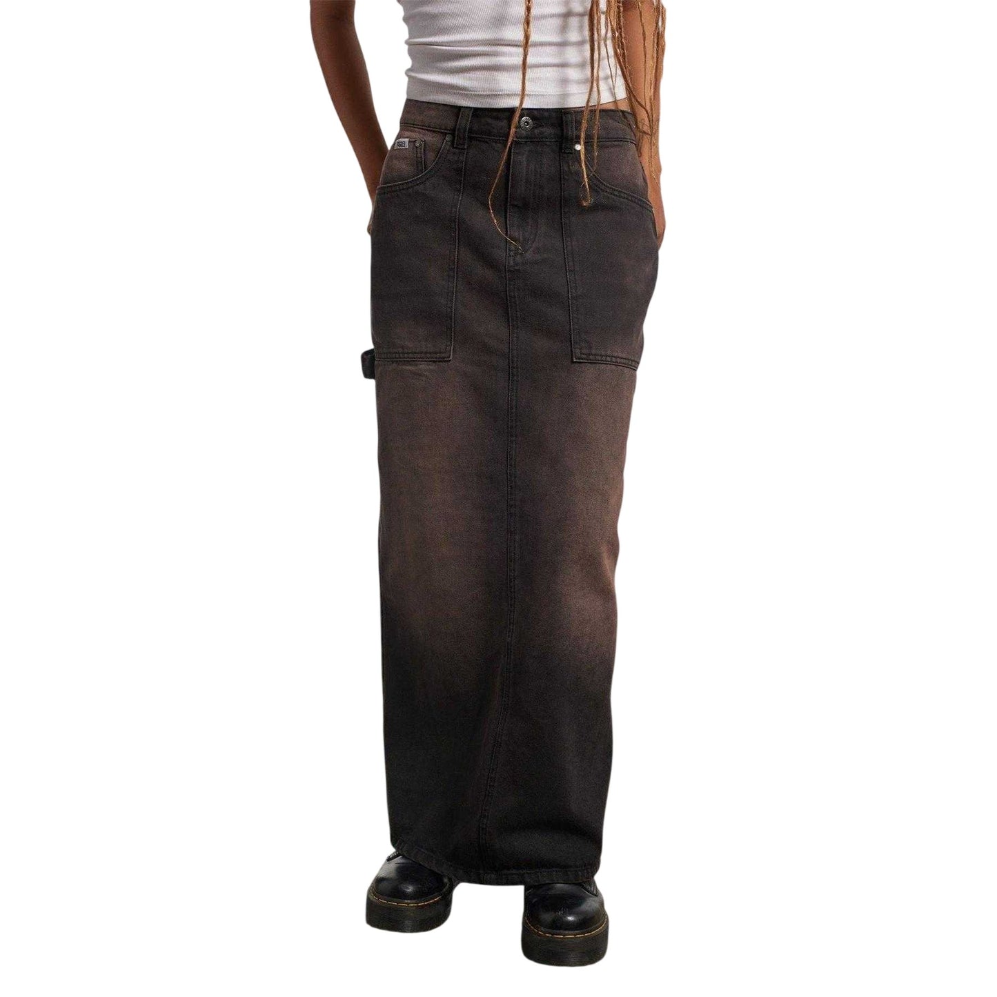 Brown - Front - The Ragged Priest Womens-Ladies Denim Carpenter Maxi Skirt