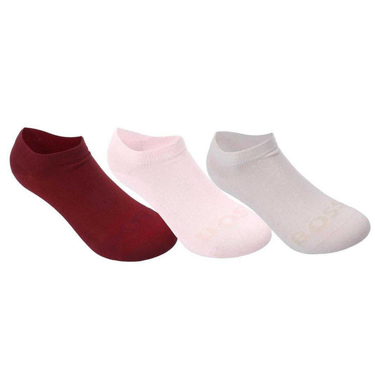 Off White-Pink-Burgundy - Front - Boss Womens-Ladies Logo Ankle Length Trainer Socks (Pack of 3)