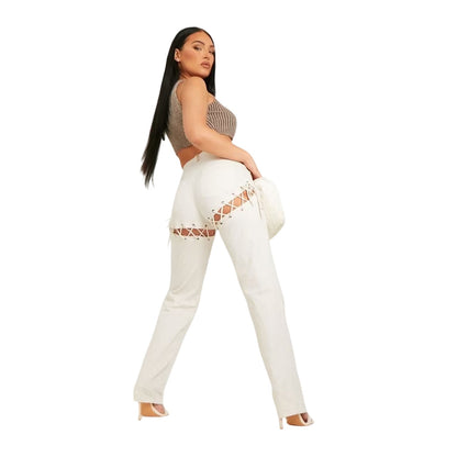Sand - Back - Missy Empire Womens-Ladies Lace Up High Waist Trousers