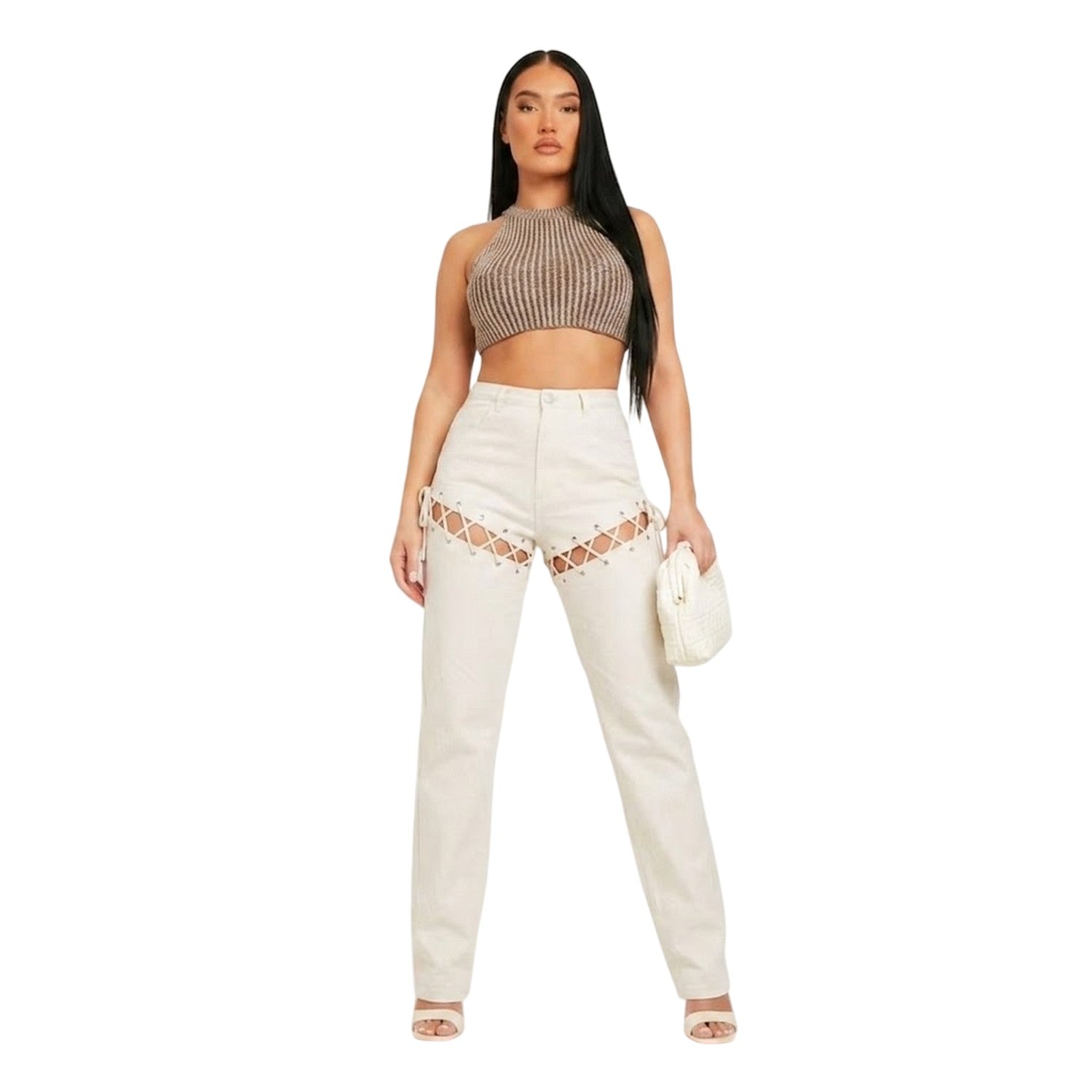 Sand - Side - Missy Empire Womens-Ladies Lace Up High Waist Trousers