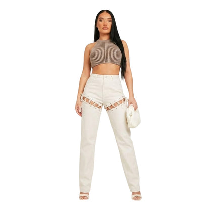 Sand - Side - Missy Empire Womens-Ladies Lace Up High Waist Trousers