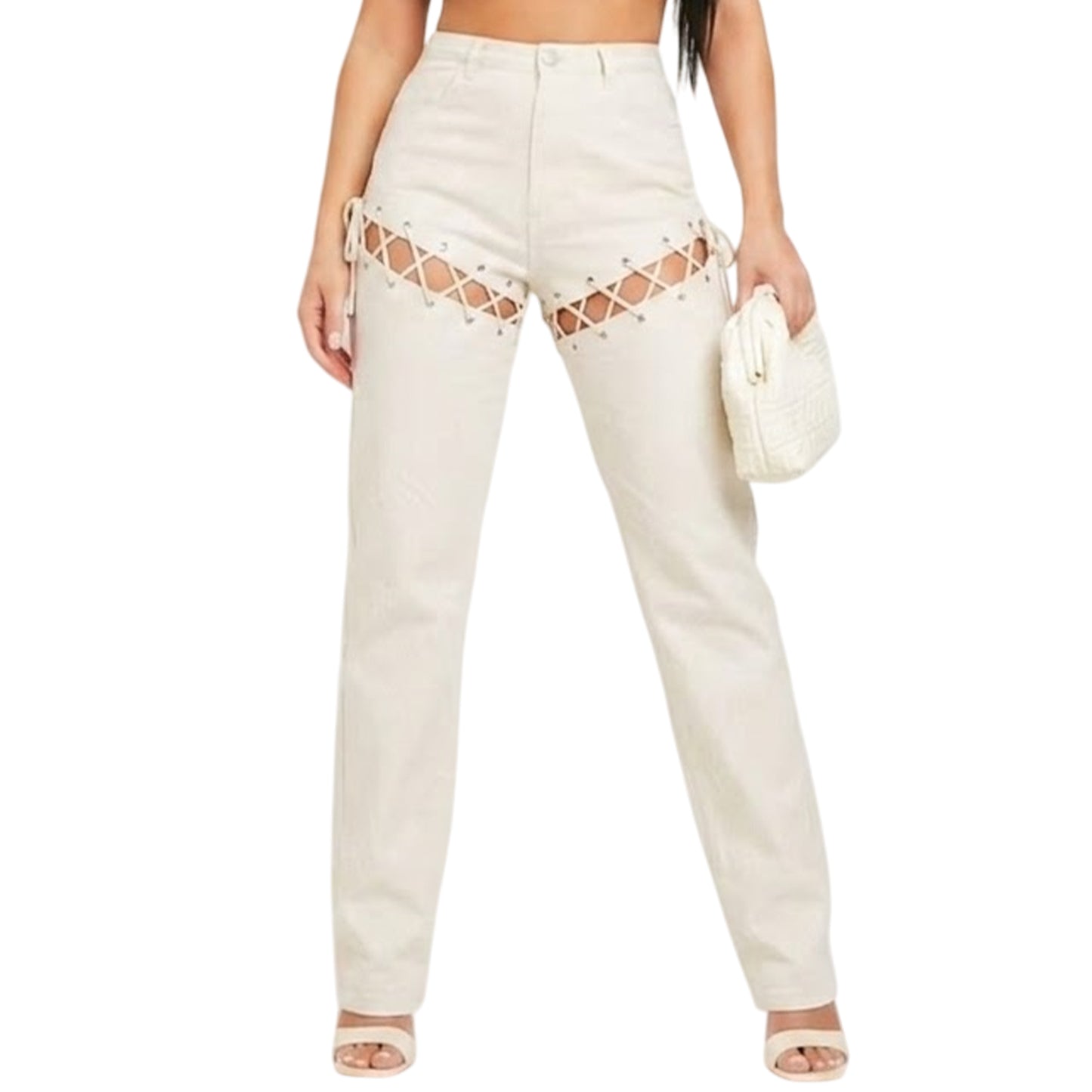 Sand - Front - Missy Empire Womens-Ladies Lace Up High Waist Trousers