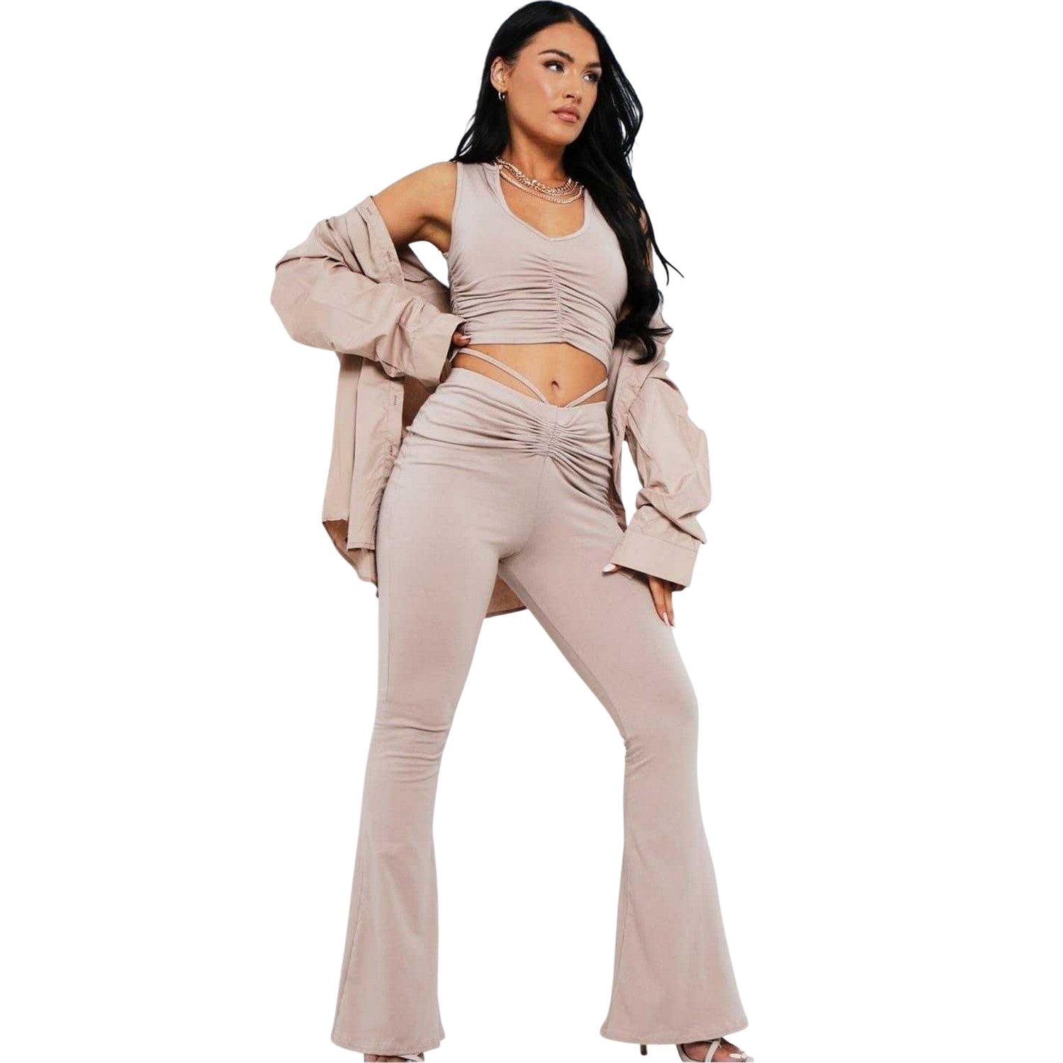 Taupe - Back - Missy Empire Womens-Ladies Ruched High Waist Trousers