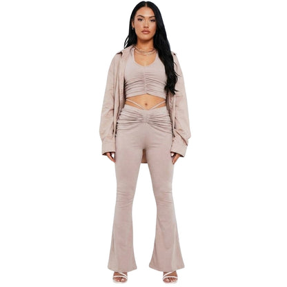 Taupe - Side - Missy Empire Womens-Ladies Ruched High Waist Trousers