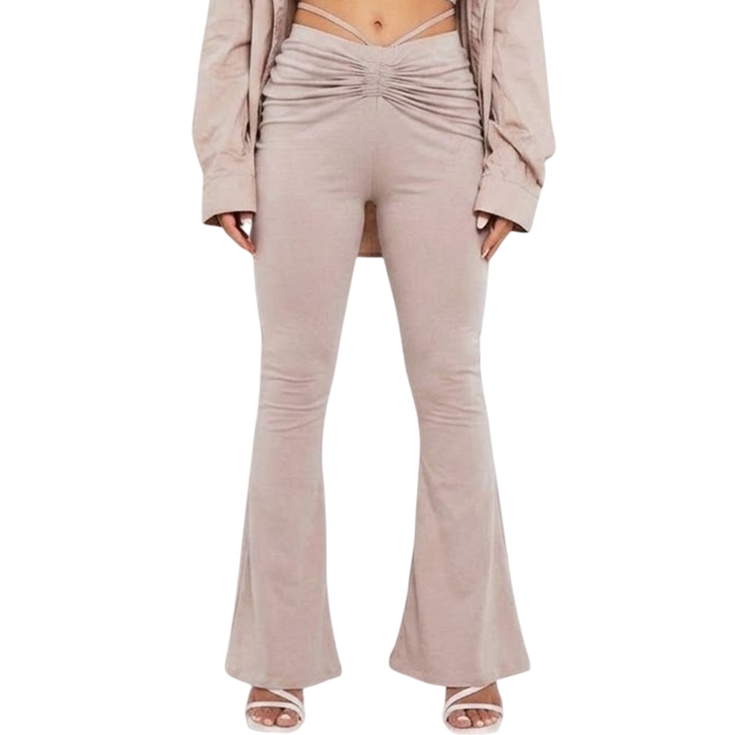 Taupe - Front - Missy Empire Womens-Ladies Ruched High Waist Trousers