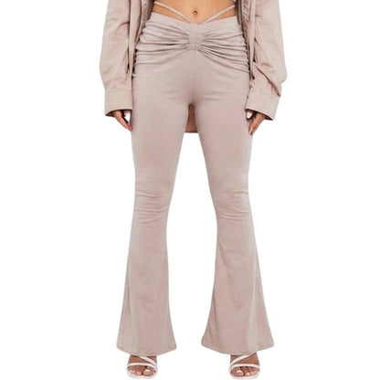 Taupe - Front - Missy Empire Womens-Ladies Ruched High Waist Trousers