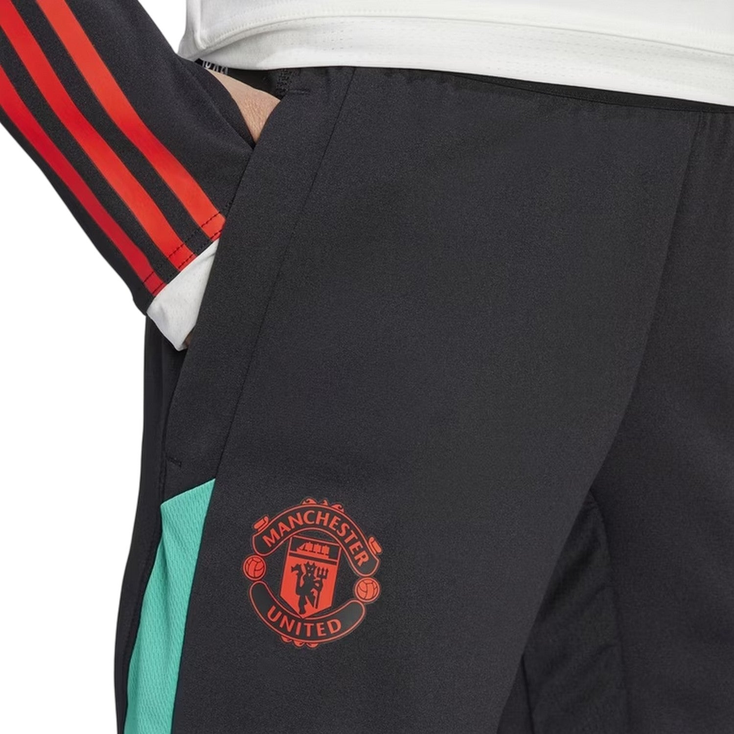 Black-Red - Side - Adidas Womens-Ladies Manchester United FC Tapered Tracksuit Bottoms
