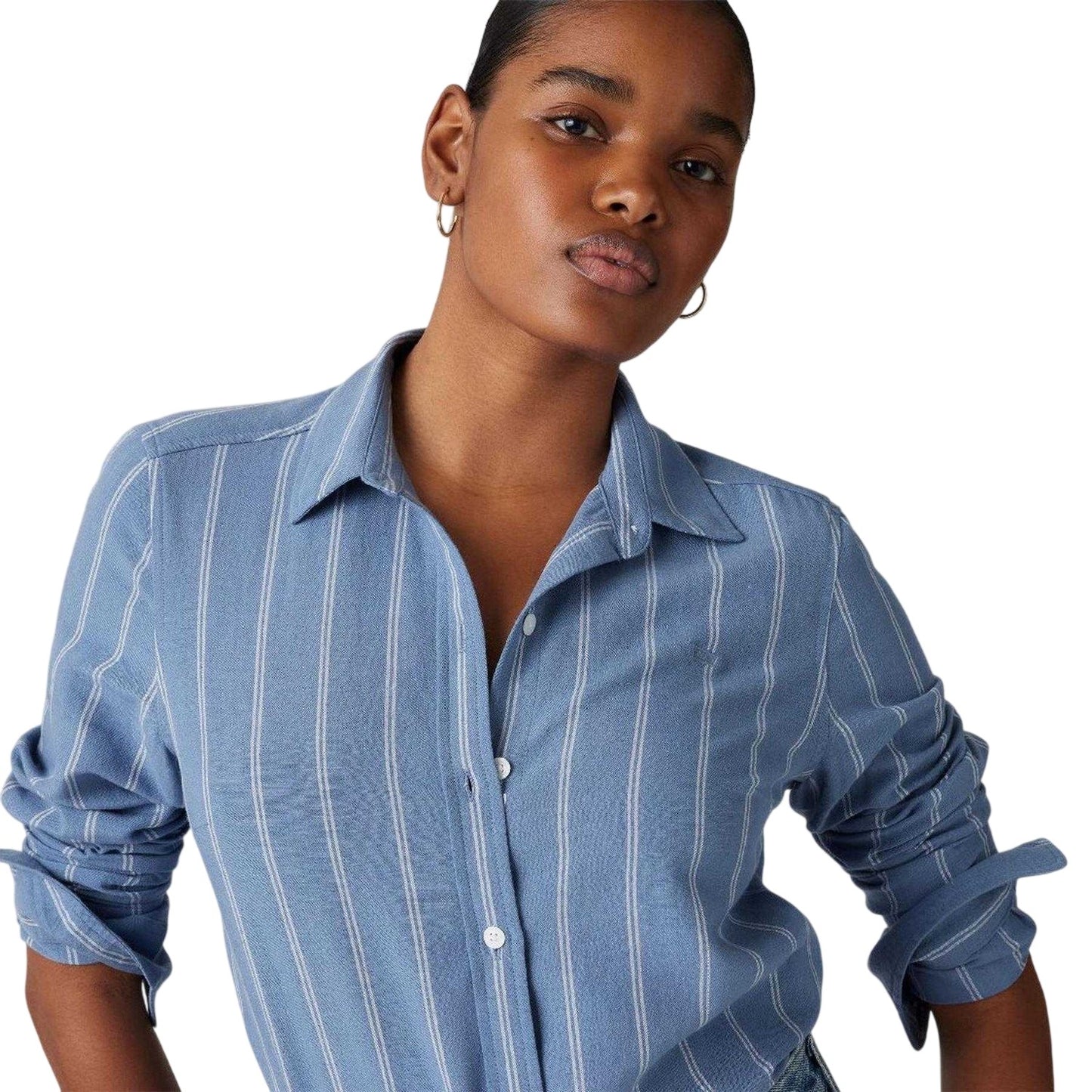Blue - Side - Levis Womens-Ladies Striped Collared Regular Long-Sleeved Shirt