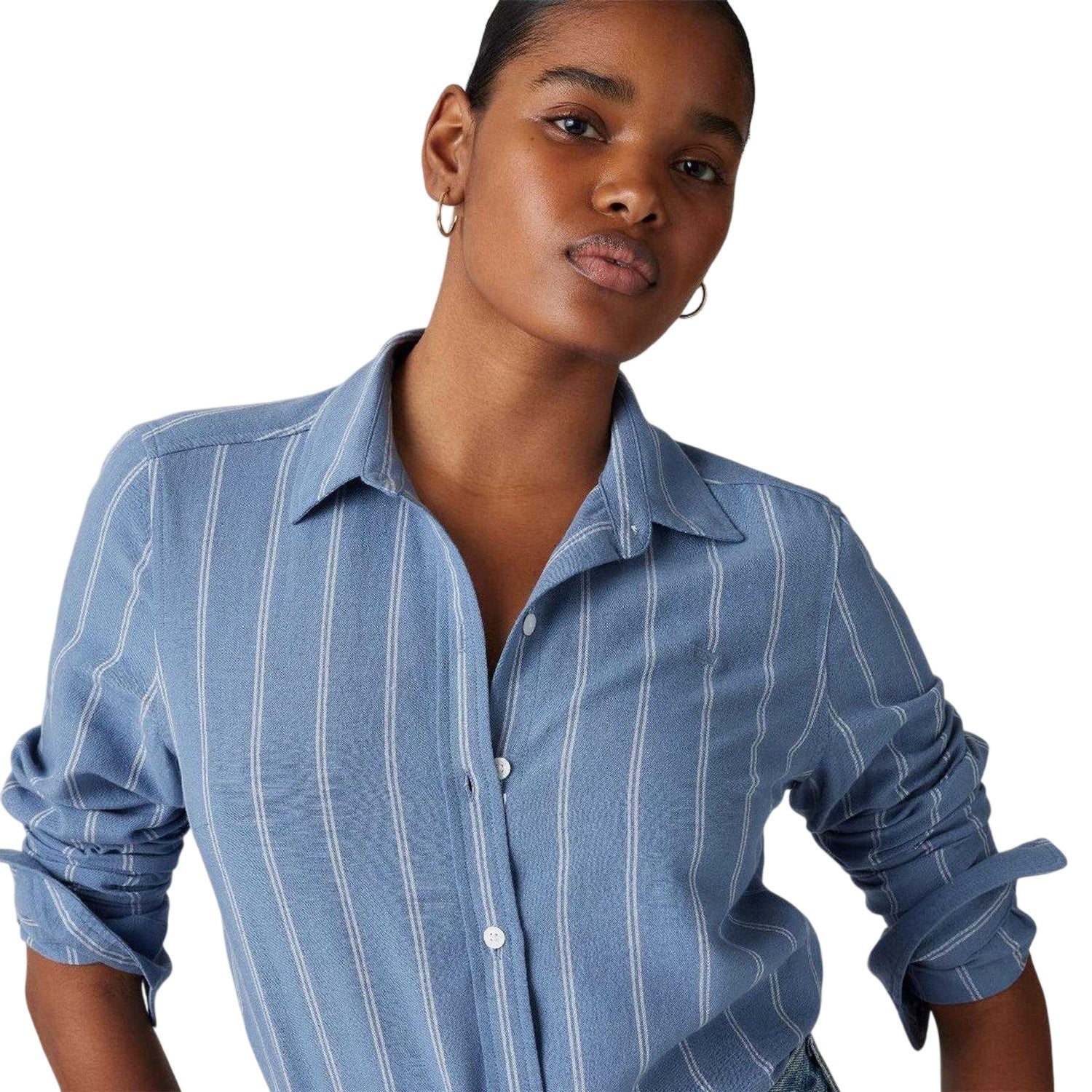 Blue - Side - Levis Womens-Ladies Striped Collared Regular Long-Sleeved Shirt