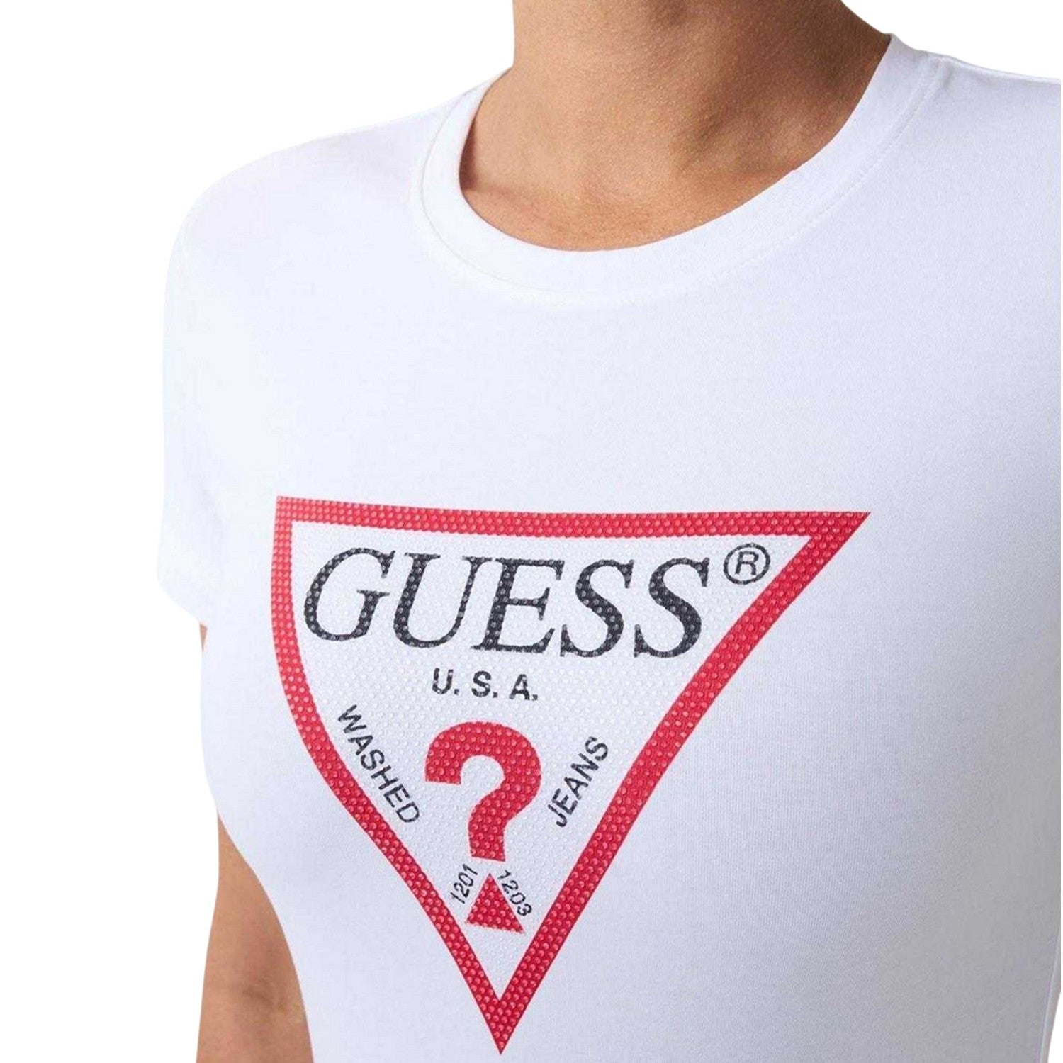Pure White - Side - Guess Womens-Ladies Cn Original Hotfix Logo Slim T-Shirt