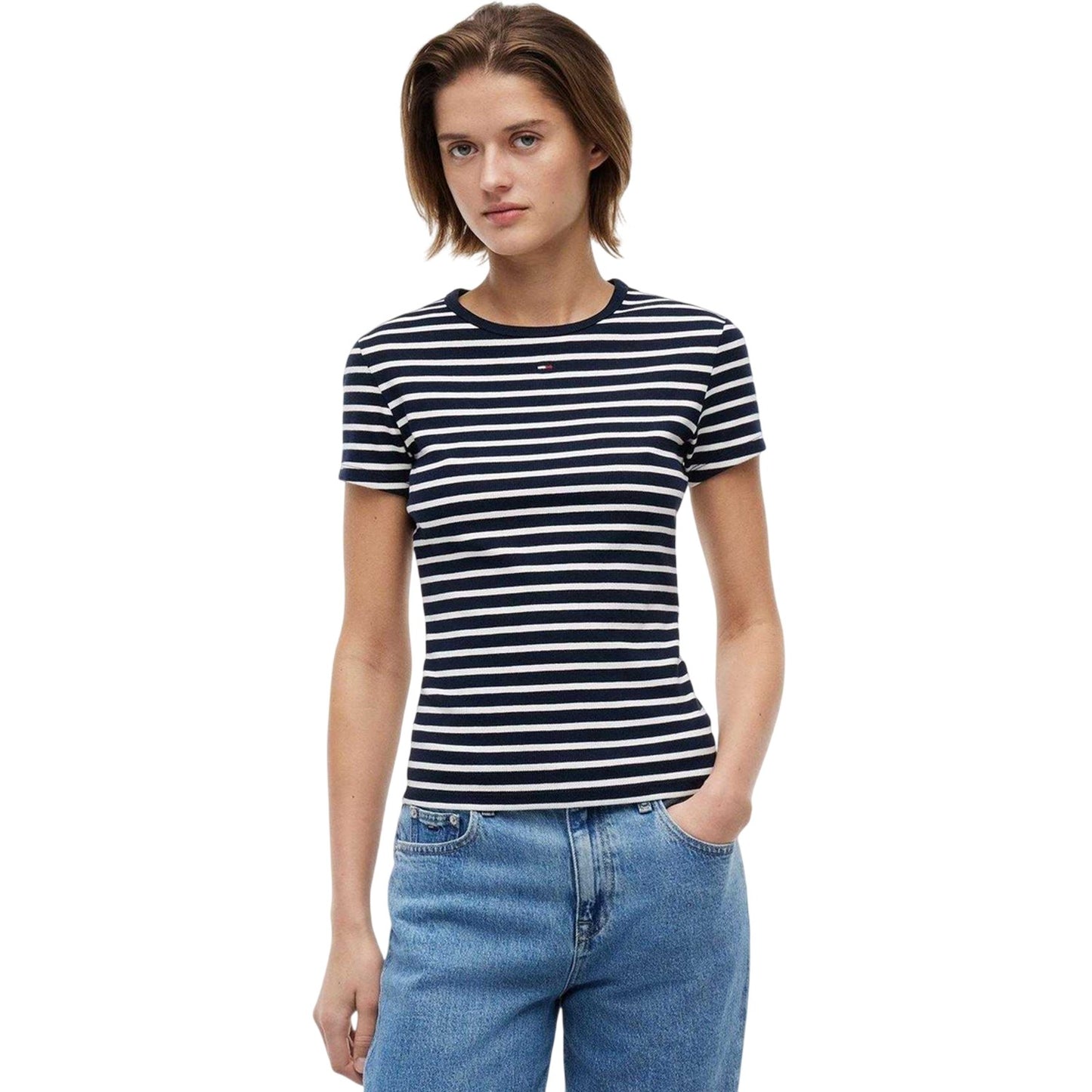 Navy - Side - Tommy Jeans Womens-Ladies Striped T-Shirt