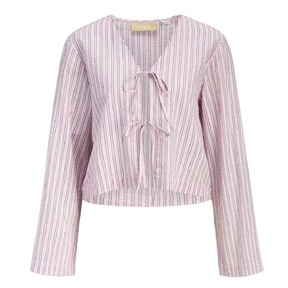 Pink Lady - Front - JJXX Womens-Ladies Zoe Stripe Seersucker Front Tie Blouse