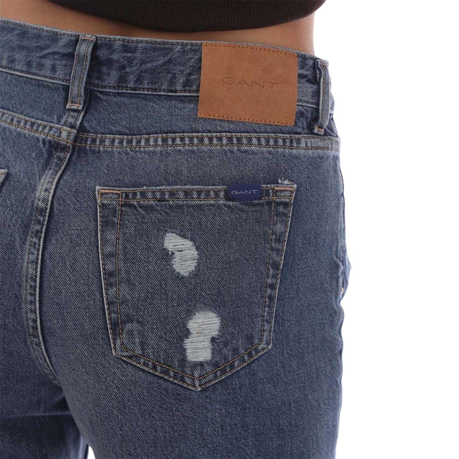 Blue - Side - Gant Womens-Ladies Cotton Denim Relaxed Fit Jeans