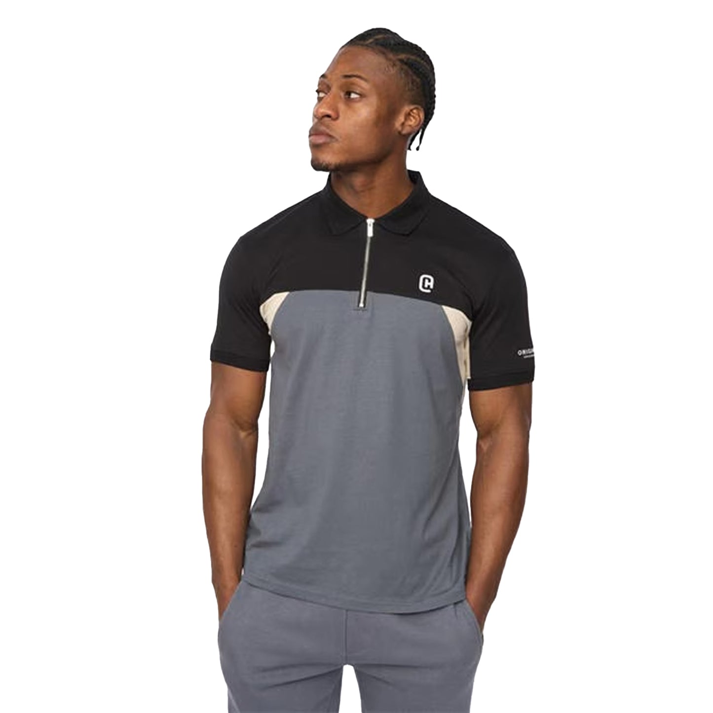 Slate - Side - C.P. Company Mens Colour Block Half Zip Regular Polo Shirt