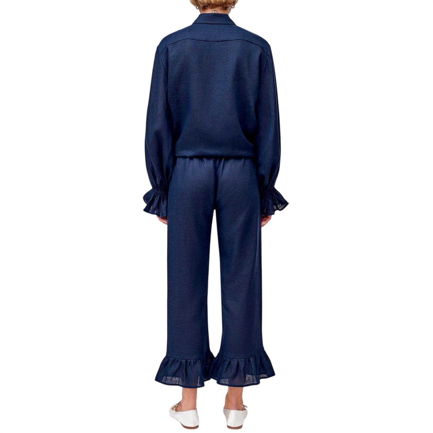 Navy - Back - Sleeper Womens-Ladies Linen Pyjama Set