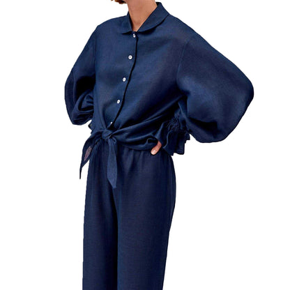 Navy - Side - Sleeper Womens-Ladies Linen Pyjama Set