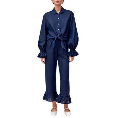 Navy - Front - Sleeper Womens-Ladies Linen Pyjama Set
