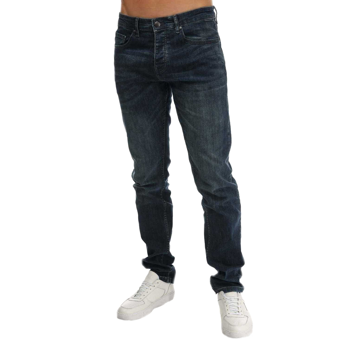 Blue - Side - Weekend Offender Mens Leather Patch Tapered Jeans