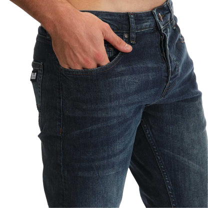 Blue - Pack Shot - Weekend Offender Mens Leather Patch Tapered Jeans