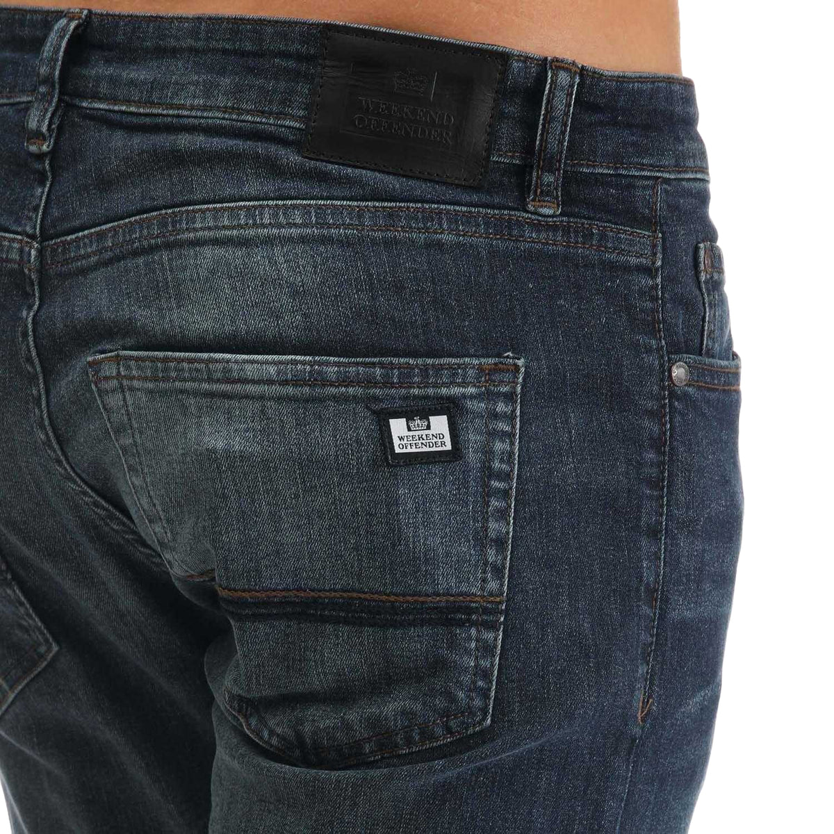 Blue - Close up - Weekend Offender Mens Leather Patch Tapered Jeans