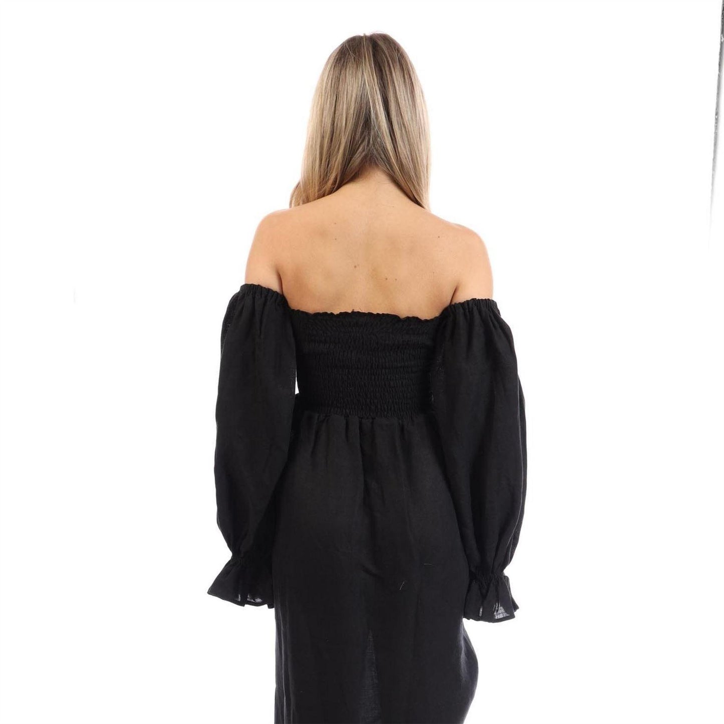 Black - Back - Sleeper Womens-Ladies Rose Linen Side Slit Midi Dress