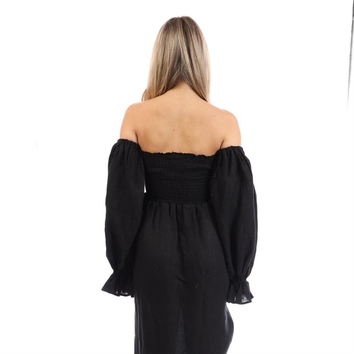 Black - Back - Sleeper Womens-Ladies Rose Linen Side Slit Midi Dress