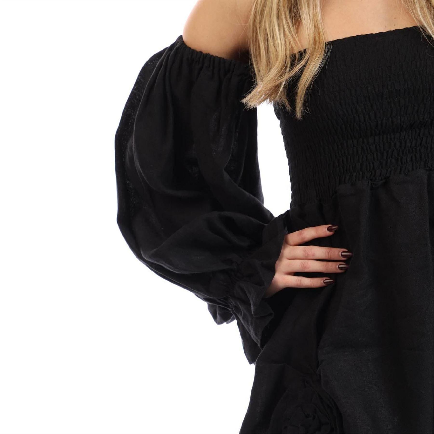 Black - Side - Sleeper Womens-Ladies Rose Linen Side Slit Midi Dress
