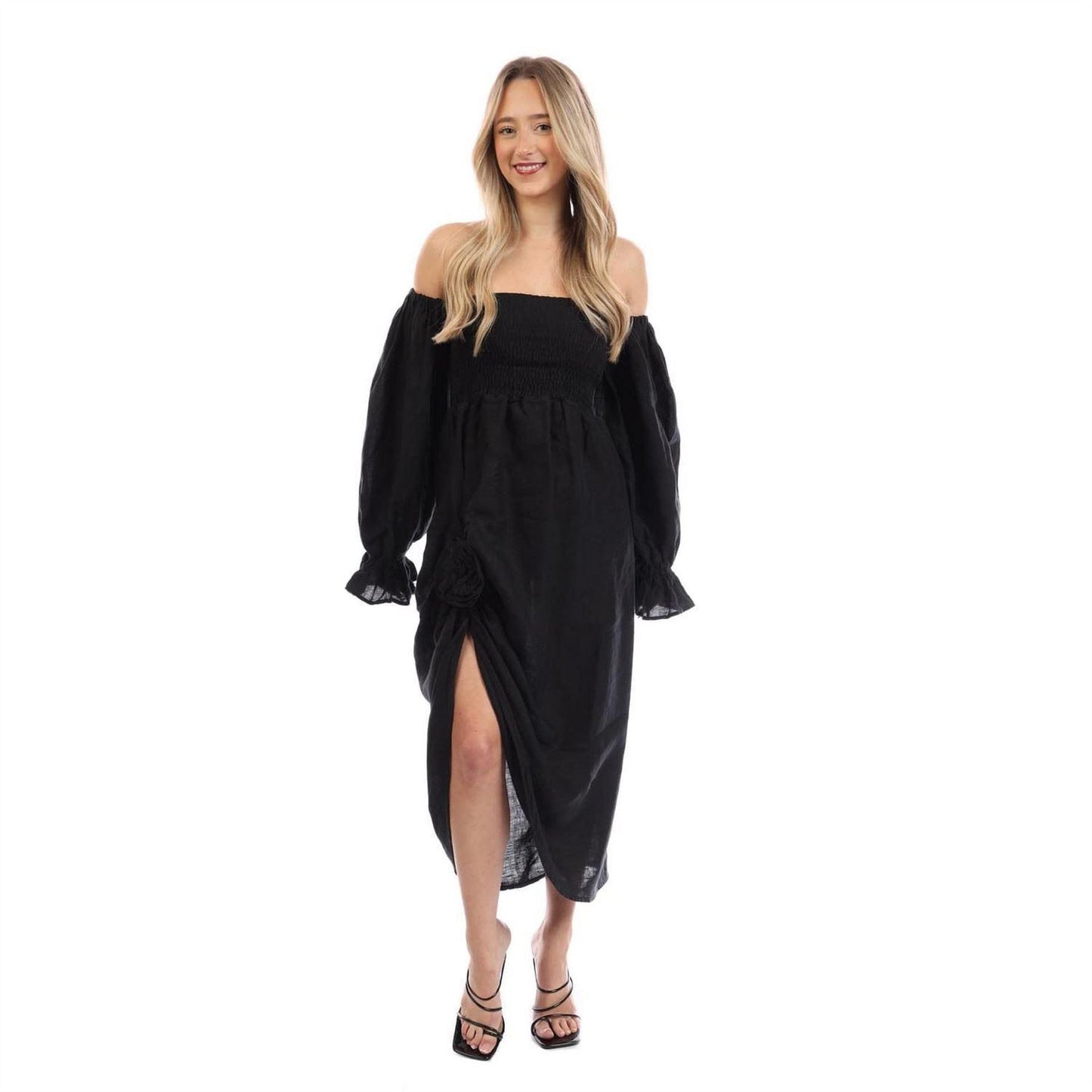 Black - Lifestyle - Sleeper Womens-Ladies Rose Linen Side Slit Midi Dress