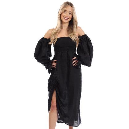 Black - Front - Sleeper Womens-Ladies Rose Linen Side Slit Midi Dress