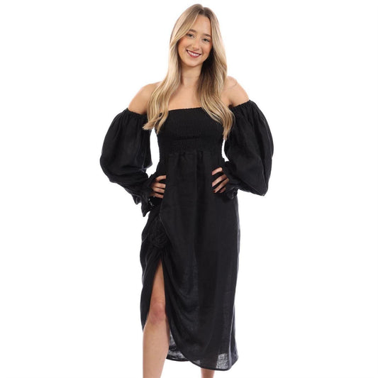 Black - Front - Sleeper Womens-Ladies Rose Linen Side Slit Midi Dress