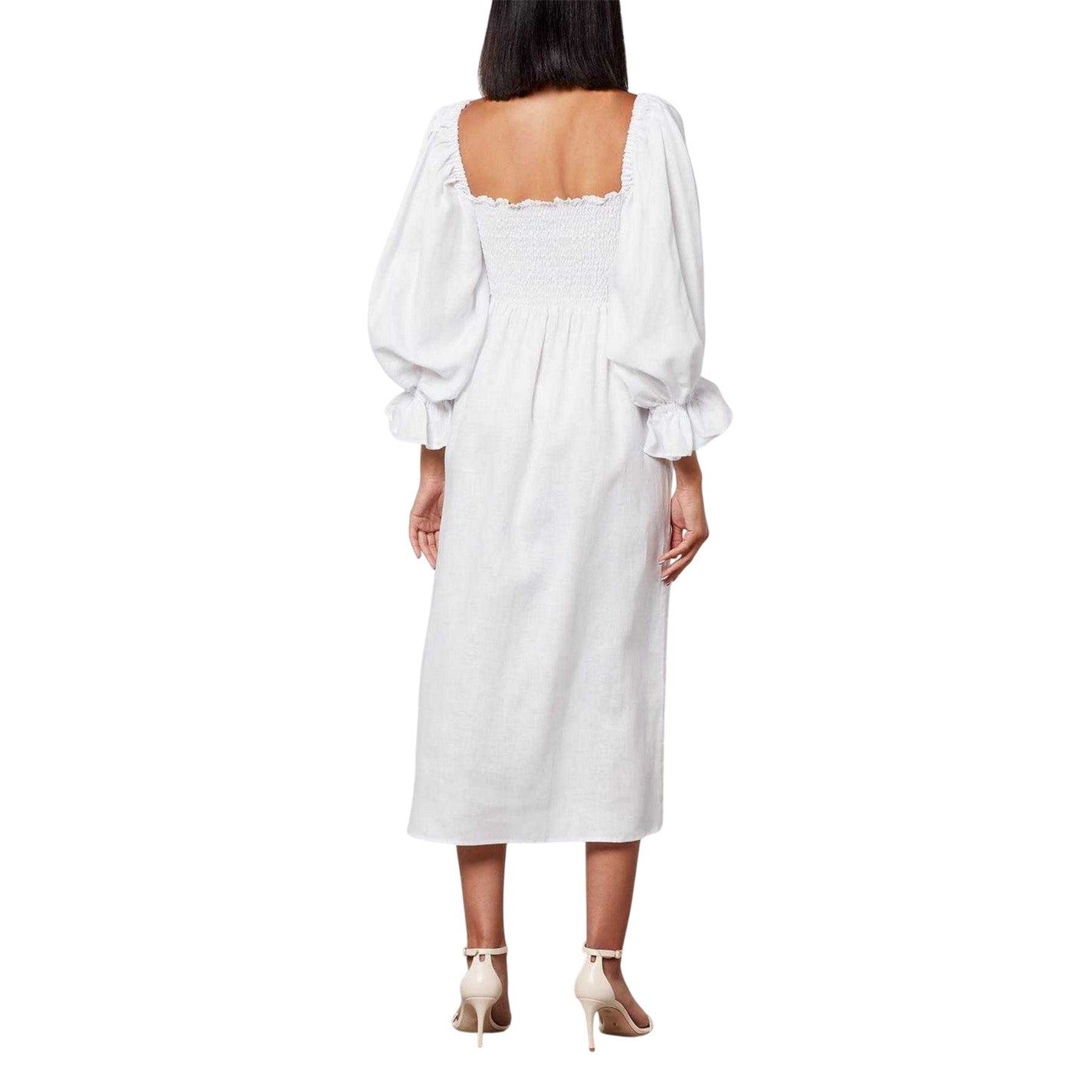 White - Back - Sleeper Womens-Ladies Linen Blend Puff Sleeve Midi Dress