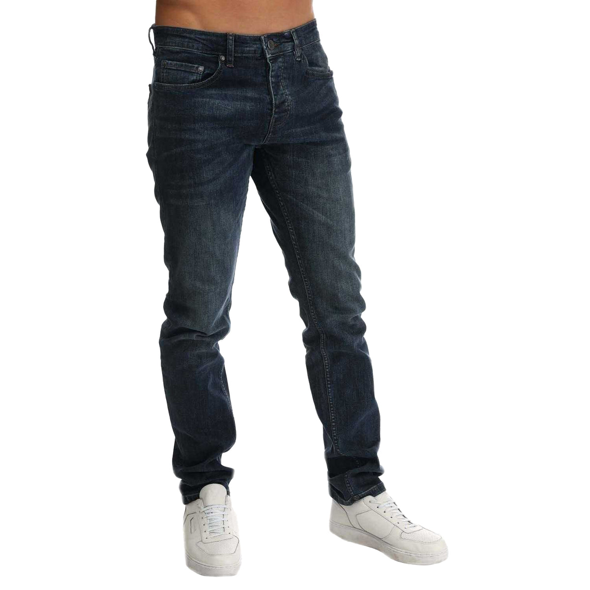 Blue - Front - Weekend Offender Mens Leather Patch Tapered Jeans