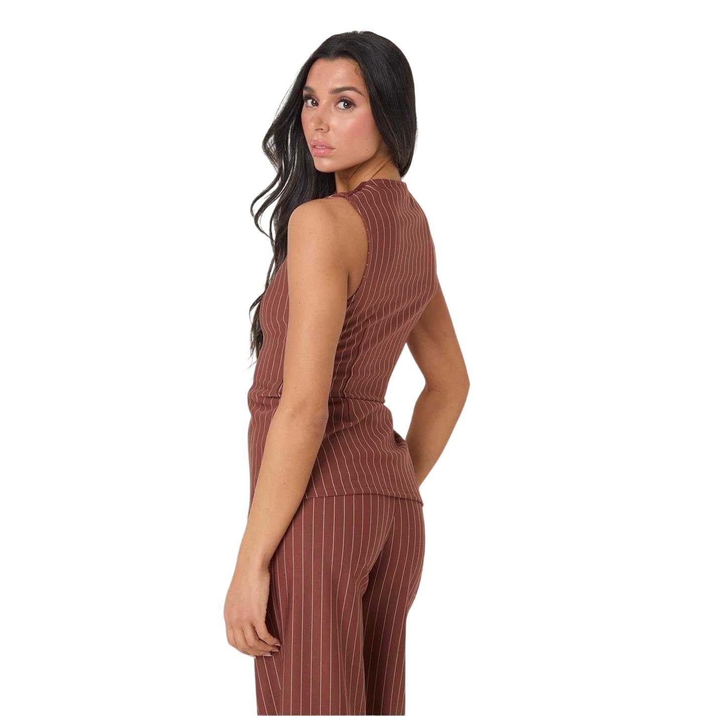 Rust - Side - I Saw It First Womens-Ladies Pinstripe Waistcoat Set
