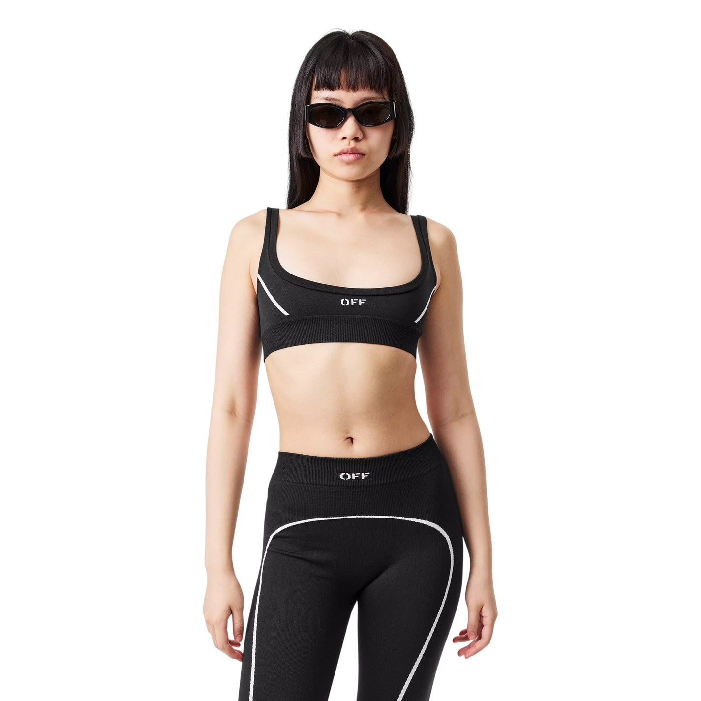Black - Side - Off White Womens-Ladies Scoop Neck Snug Fit Sports Bra