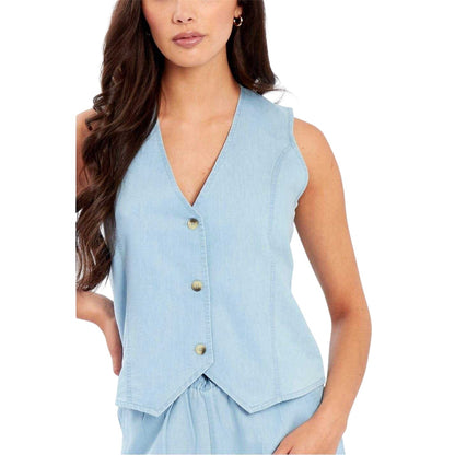 Light Blue - Side - Be You Womens-Ladies Shiny Skinny Waistcoat