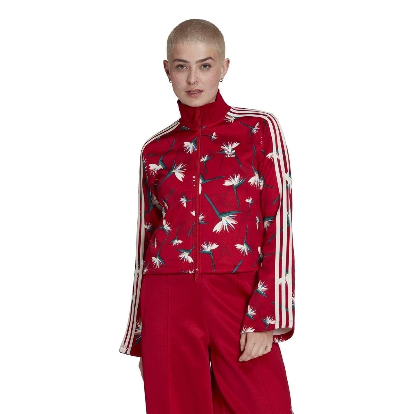 Red - Lifestyle - Adidas Womens-Ladies Originals Floral Bell Sleeve Track Top