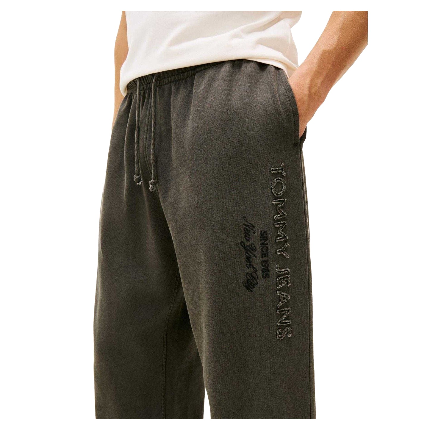 Black - Side - Tommy Jeans Mens Fleece Vertical Logo Relaxed Fit Joggers