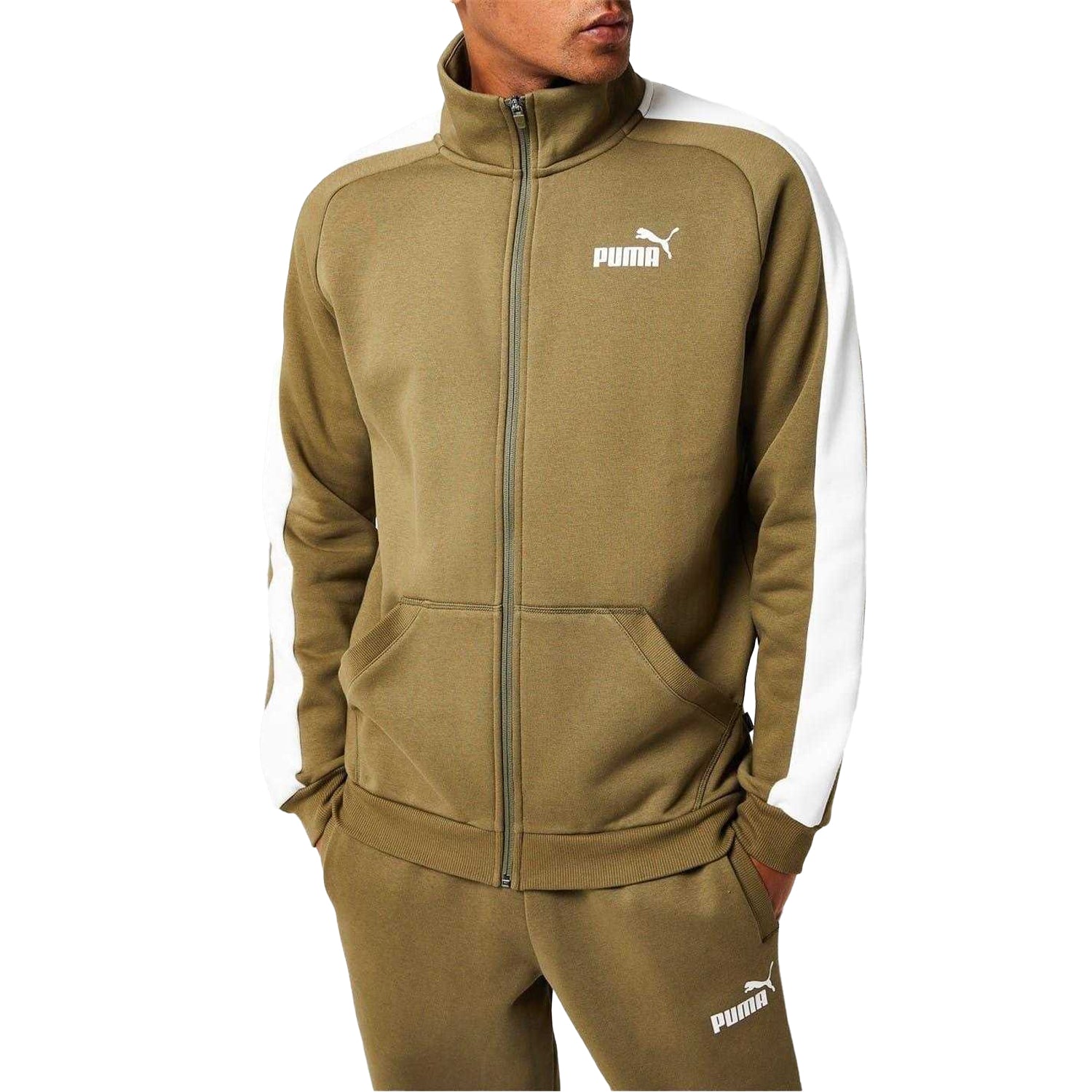 Olive-White - Side - Puma Mens Clean Fleece Tracksuit Set