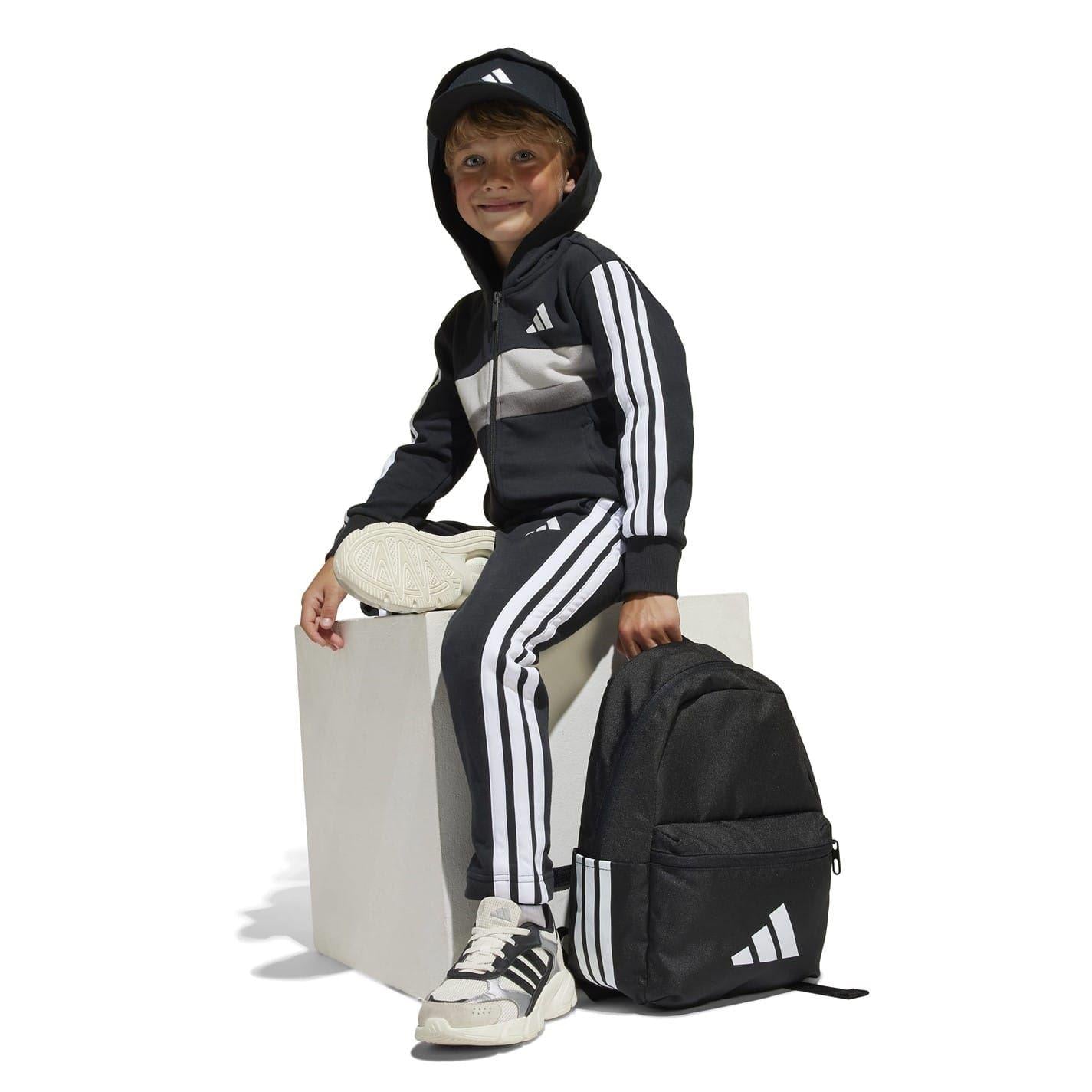 Black-White-Grey - Front - Adidas Childrens-Kids Colour Block Fleece Tracksuit