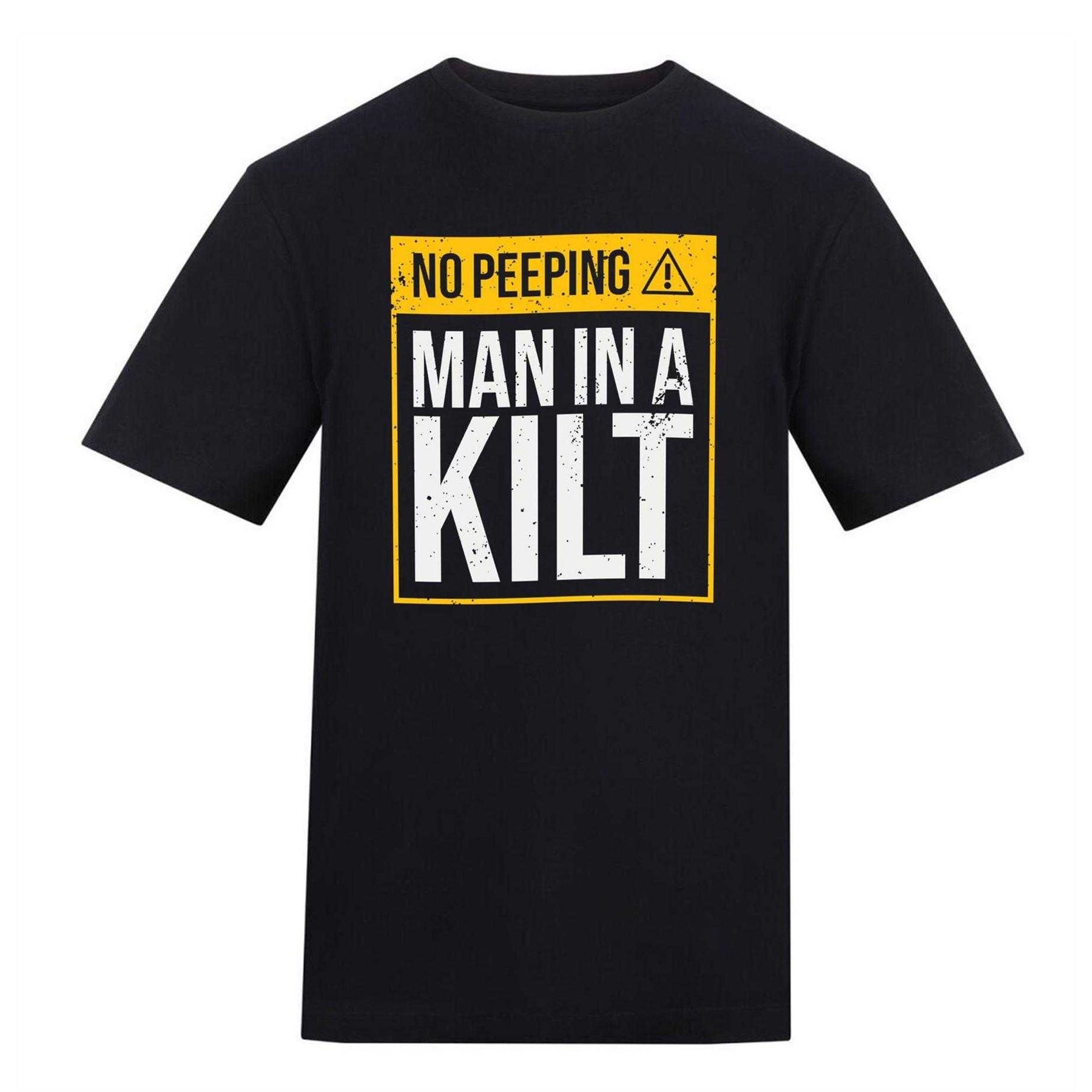 Black - Front - AWD Unisex Adult NO PEEPING - MAN IN A KILT T-Shirt