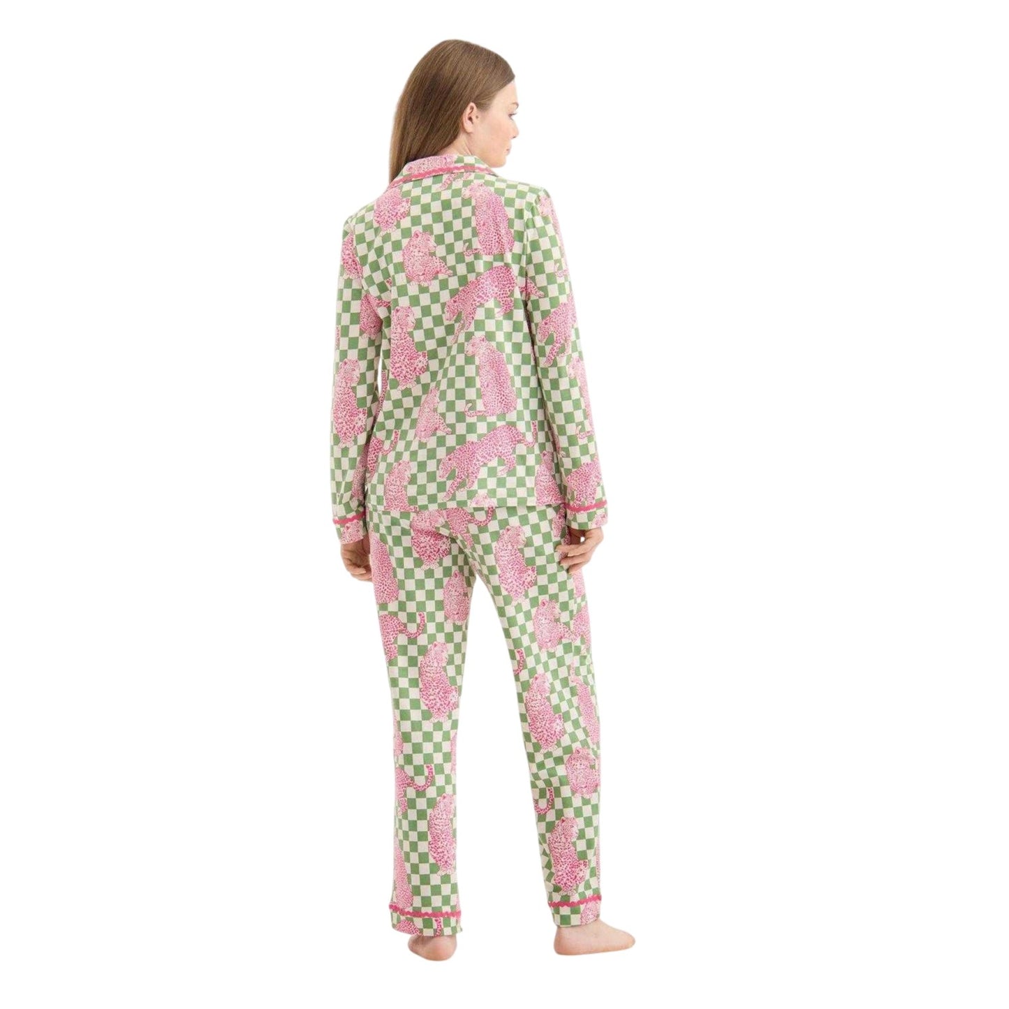Green-Pink - Back - Chelsea Peers Womens-Ladies Leopard Long Pyjama Set