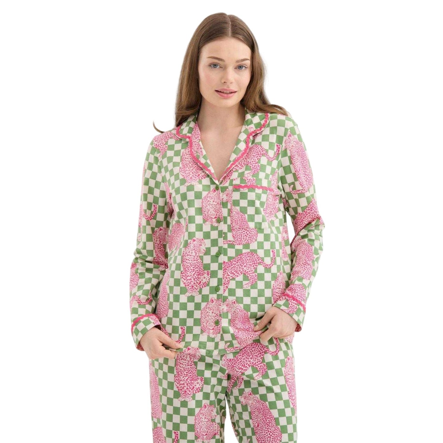 Green-Pink - Side - Chelsea Peers Womens-Ladies Leopard Long Pyjama Set