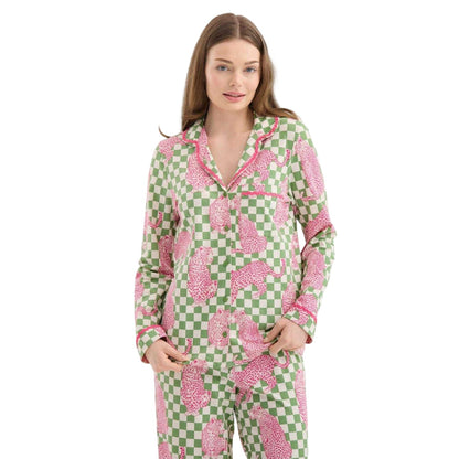 Green-Pink - Side - Chelsea Peers Womens-Ladies Leopard Long Pyjama Set